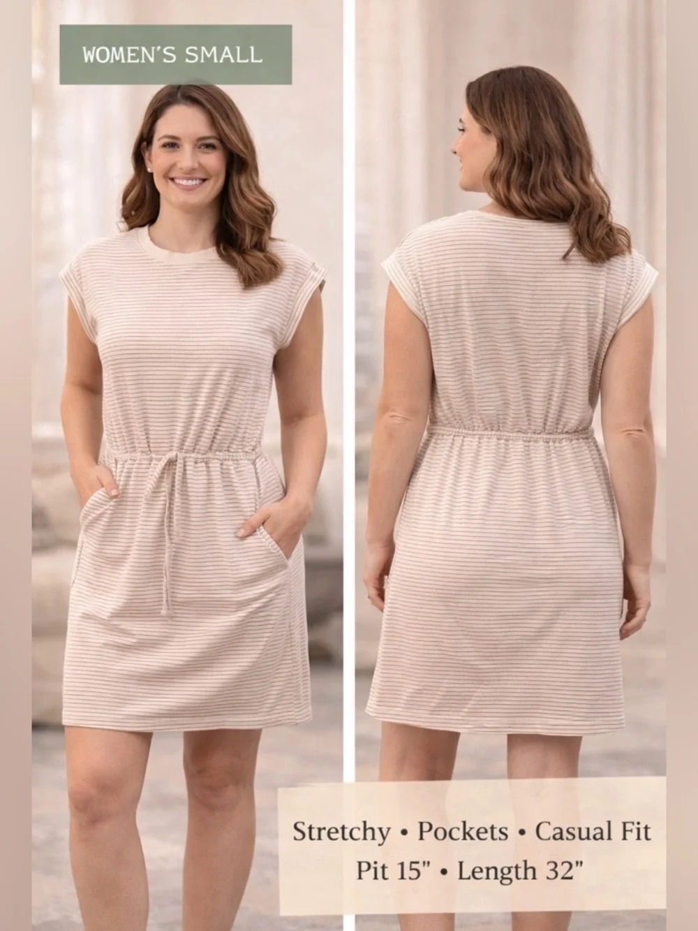 A new day Casual Striped Dress — Beige SMALL W pockets Pit 15” Length 32”